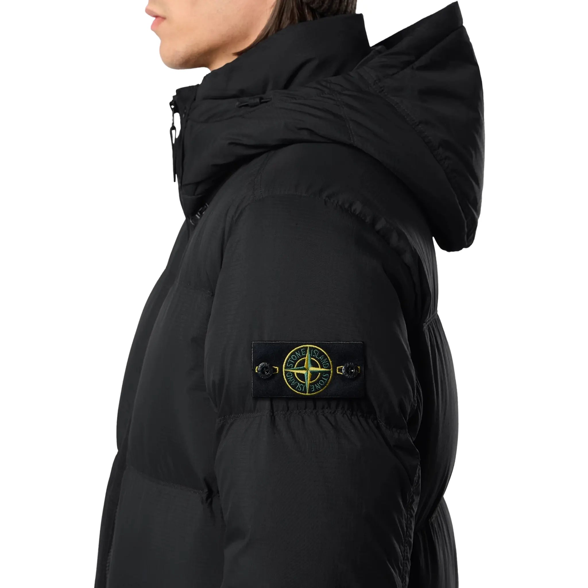 Model side view of Stone Island Ripstop Cordura Black Puffer Jacket